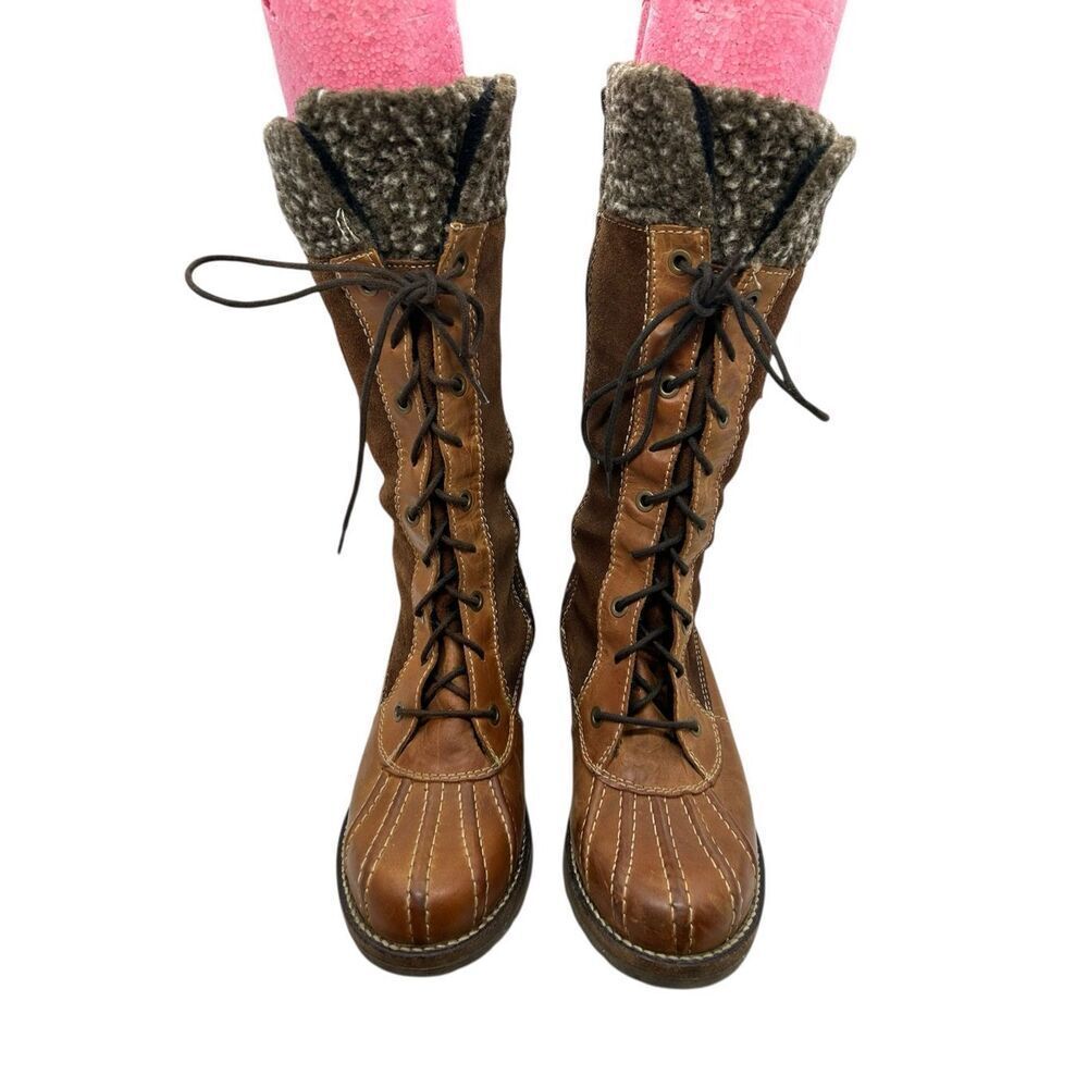 Dromedaris Brown Leather Suede Lace Up Shearling Lined Tall Winter Boots 38/7.5